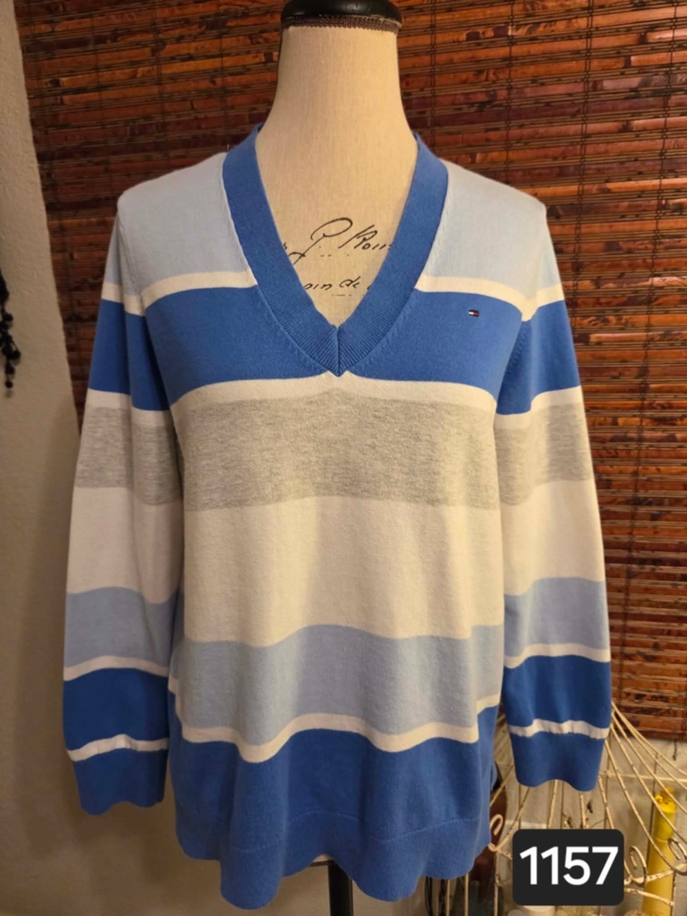 Tommy Hilfiger Light & Royal Blue Striped V-Neck Sweater - Picture 1 of 5